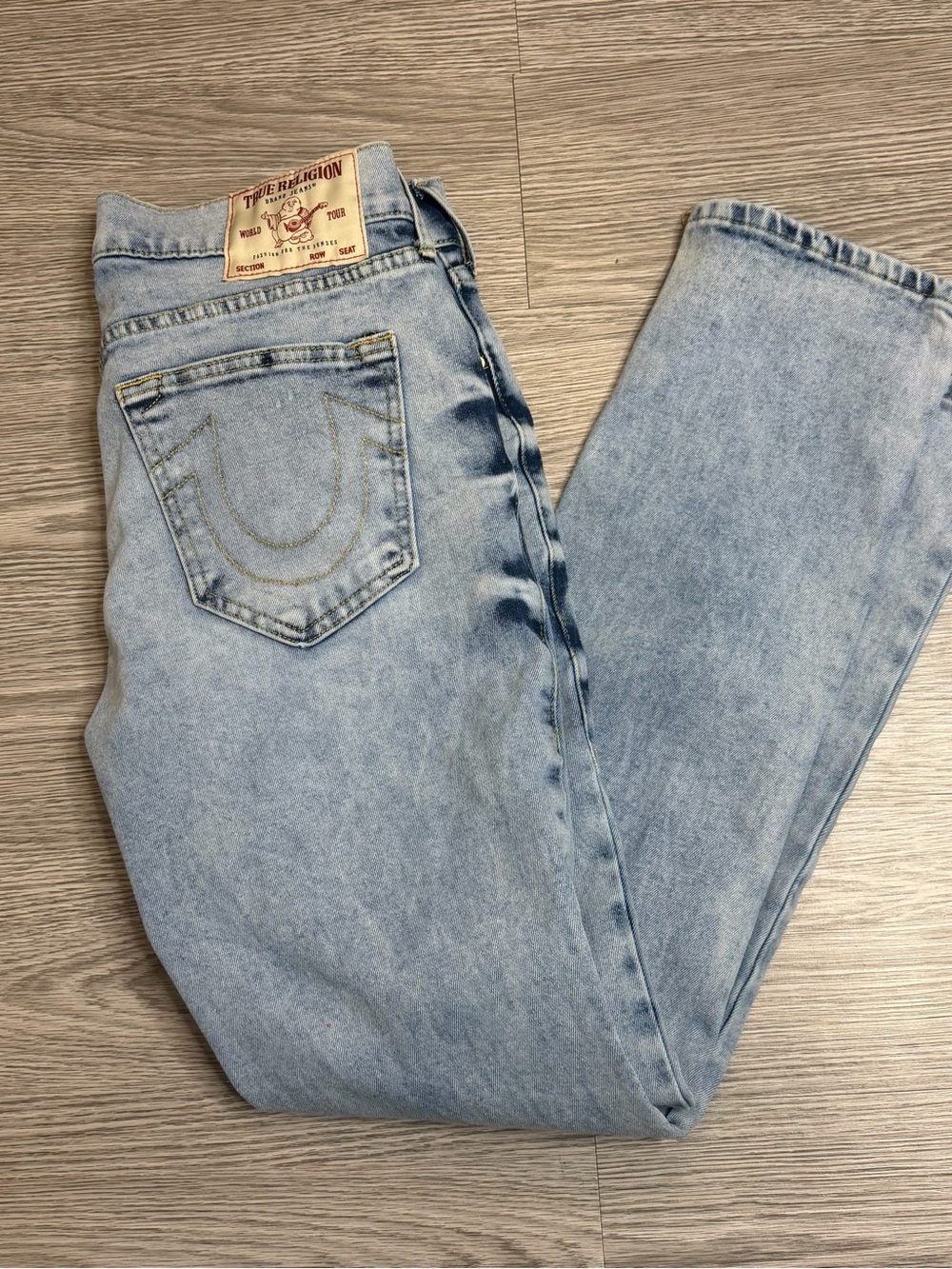 True Religion Jeans Mens 30X31 Geno Relaxed Slim Fit Stretch Straight Light Blue